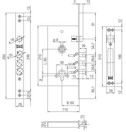 Замок врезной цилиндровый KALE KILIT 282RD,85BS60,28CP,SP,w/o Ros,STB