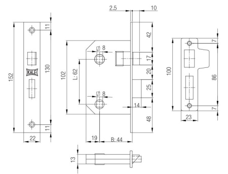 Замок врезной межкомнатный KALE KILIT 251 WC для деревянных дверей,62BS44,22BP,L,SP,STB