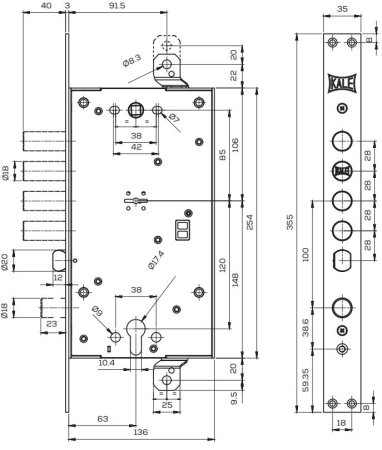 Замок врезной KALE KILIT мультисистемный перекодируемый 456L, 85BS63,35CP,5K(60mm),w/o SP,w/o Ros,ST