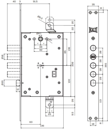 Замок врезной сувальдный KALE KILIT 452L с тягами,85BS63,35CP,5K(55mm),w/o SP,w/o Ros,STB