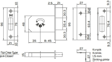 Замок врезной под крестообразный ключ KALE KILIT 156F,BS45,21CP,5K,SP,Ros,STB